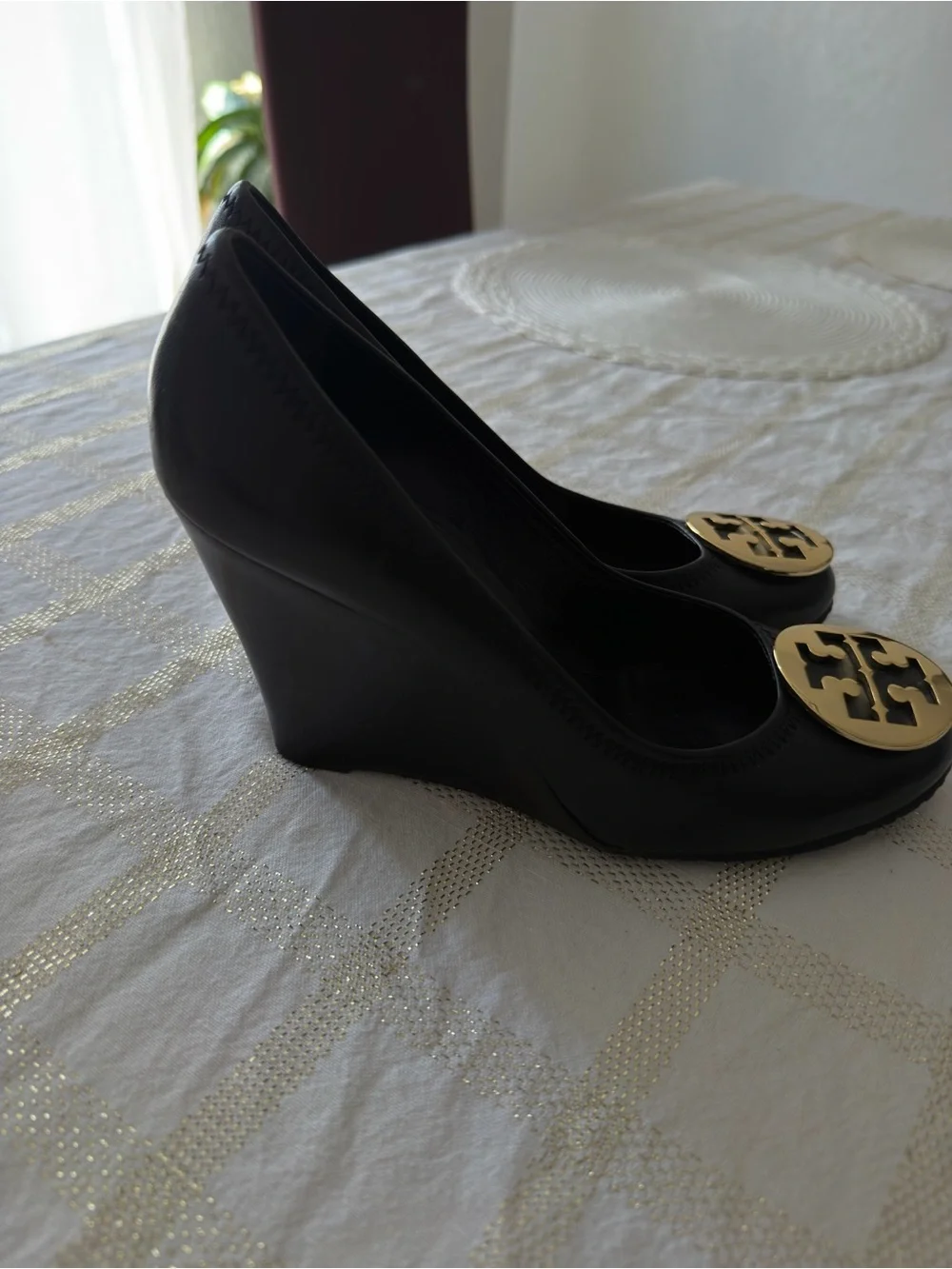 Tory Burch Black Wedge Pumps with Gold Logo Emblem